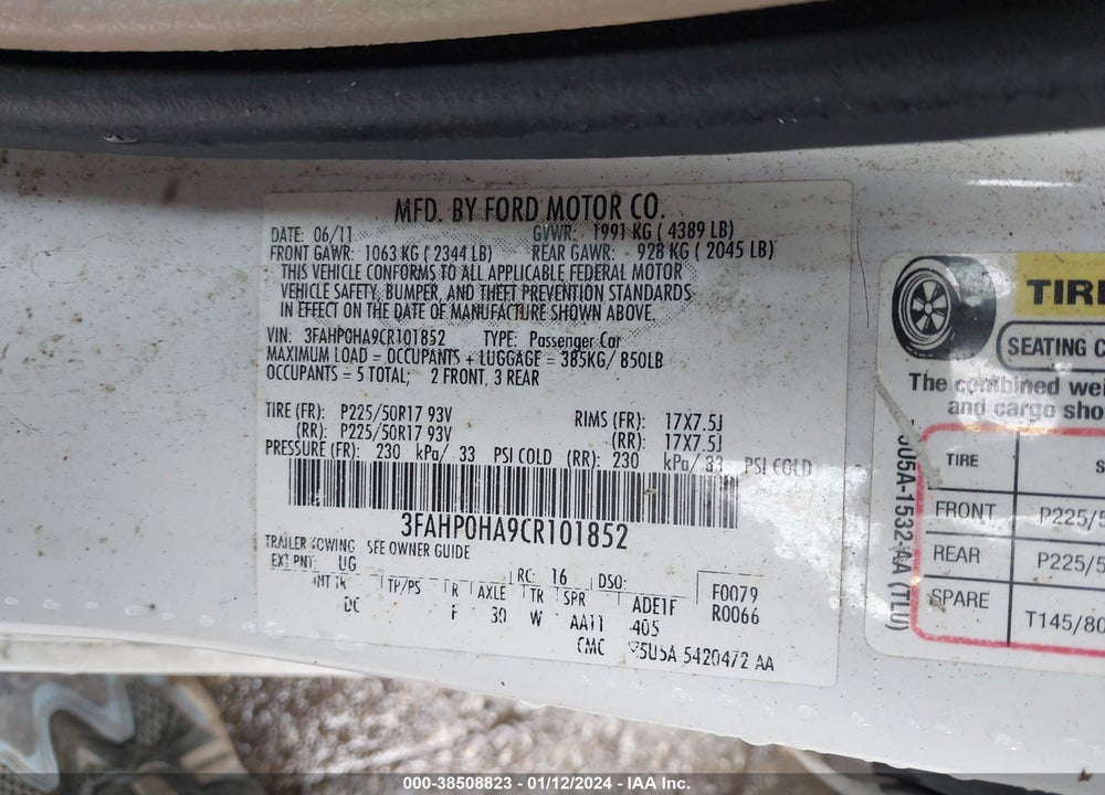 2012 FORD FUSION SE VIN: 3FAHP0HA9CR101852