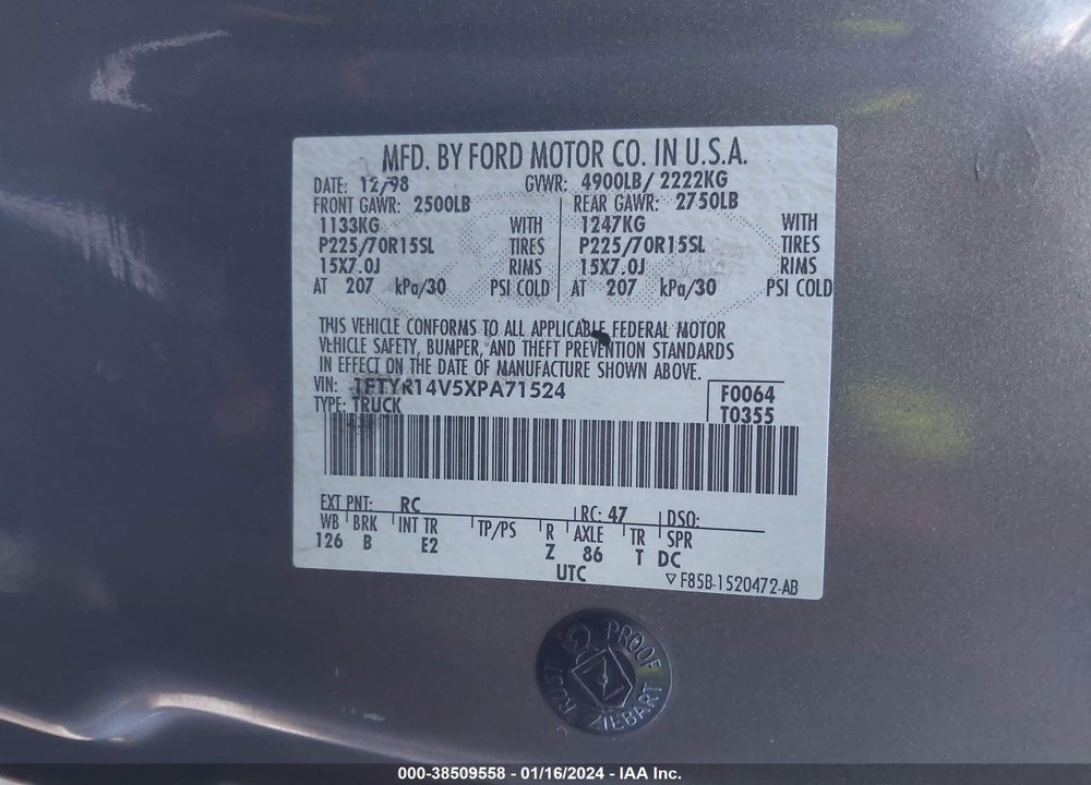1999 FORD RANGER XL/XLT VIN: 1FTYR14V5XPA71524