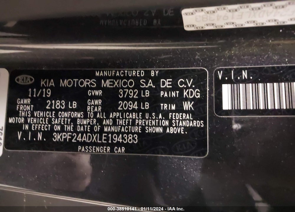 2020 KIA FORTE LXS VIN: 3KPF24ADXLE194383