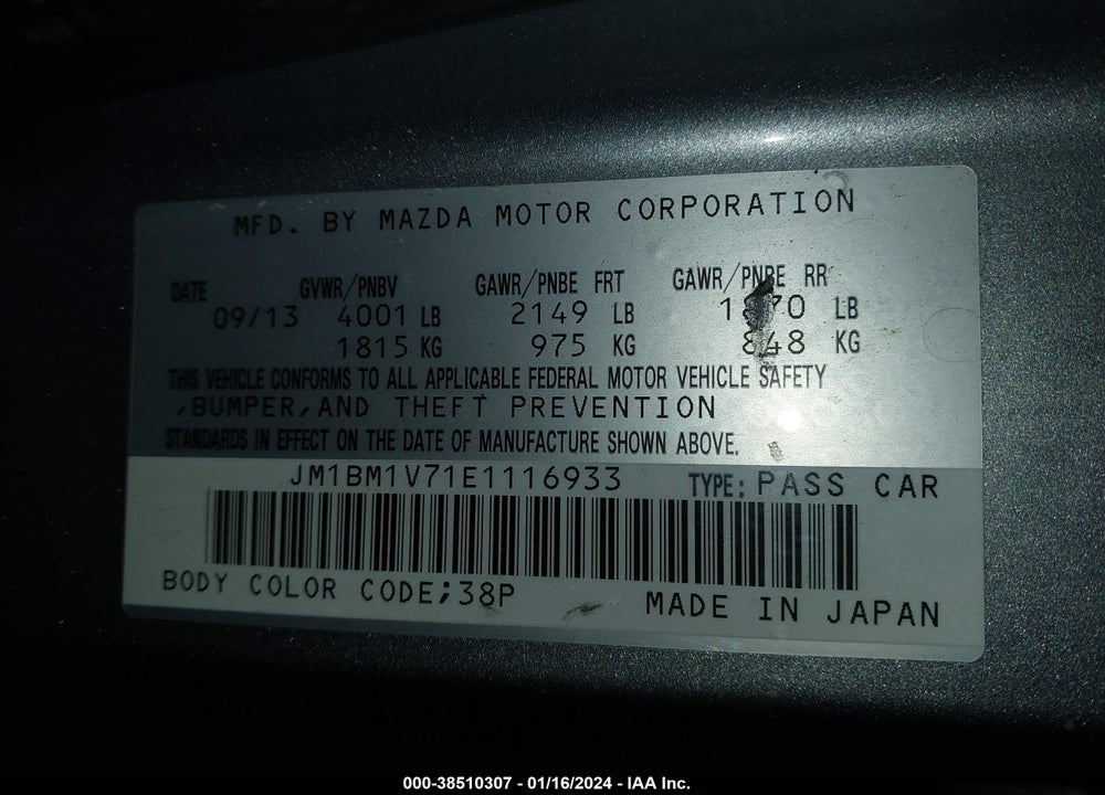 2014 MAZDA 3 I TOURING VIN: JM1BM1V71E1116933