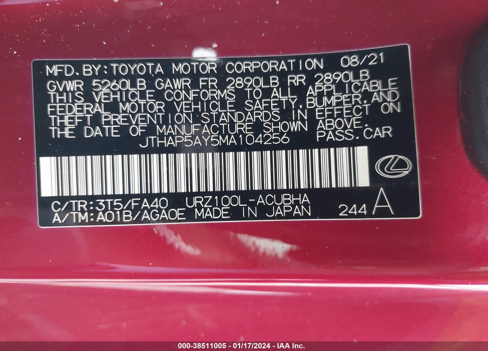 2021 LEXUS LC 500 VIN: JTHAP5AY5MA104256