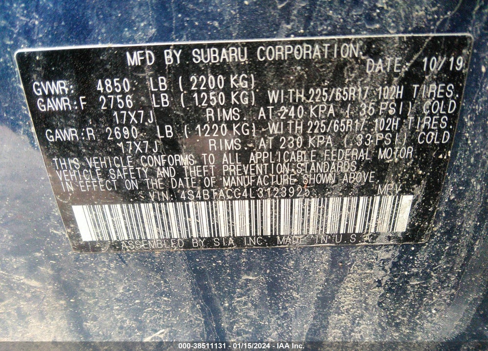 2020 SUBARU OUTBACK PREMIUM VIN: 4S4BTACC4L3123925