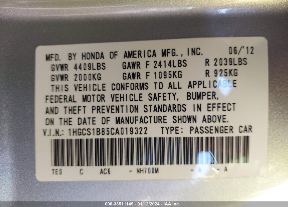 2012 HONDA ACCORD 2.4 EX-L VIN: 1HGCS1B85CA019322