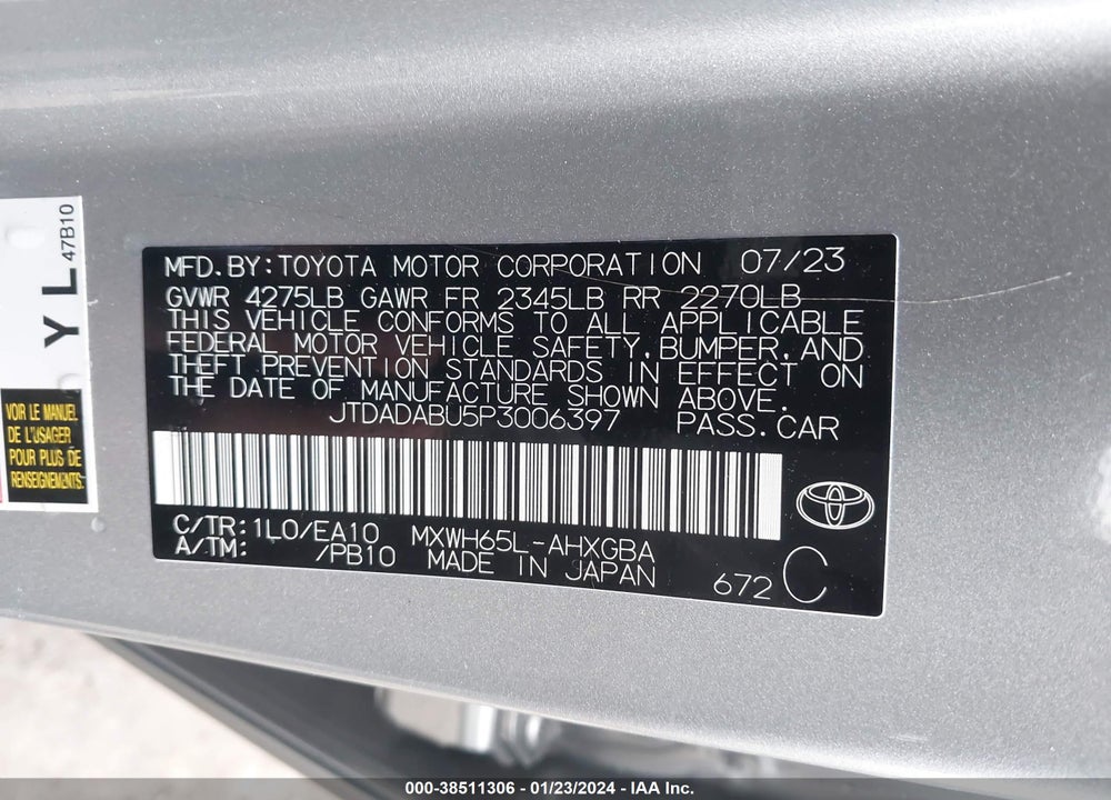 2023 TOYOTA PRIUS XLE AWD-E VIN: JTDADABU5P3006397