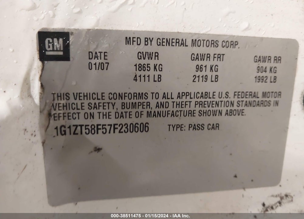 2007 CHEVROLET MALIBU LT VIN: 1G1ZT58F57F230606