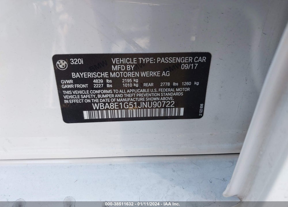 2018 BMW 320I VIN: WBA8E1G51JNU90722