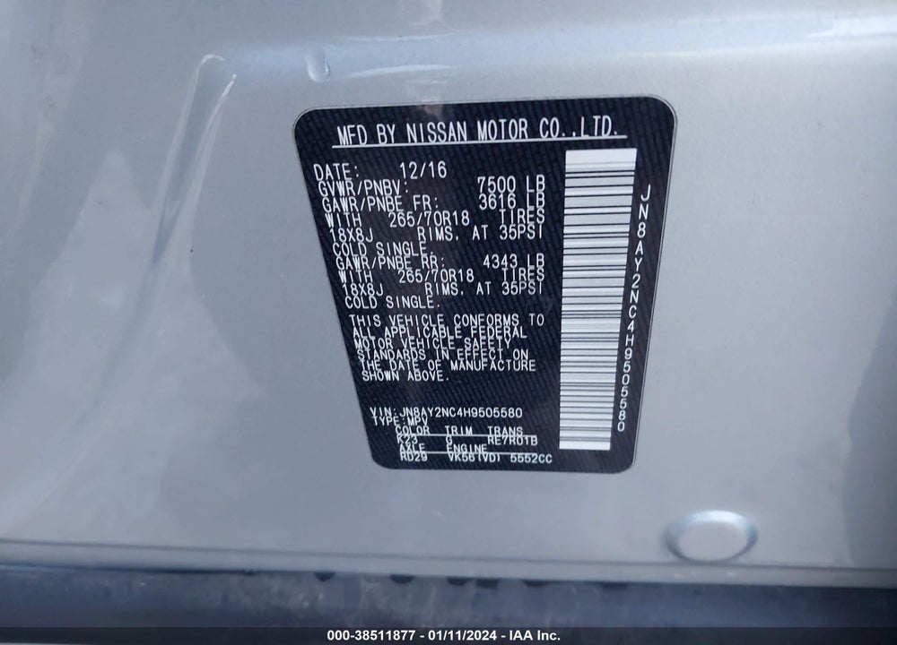2017 NISSAN ARMADA VIN: JN8AY2NC4H9505580