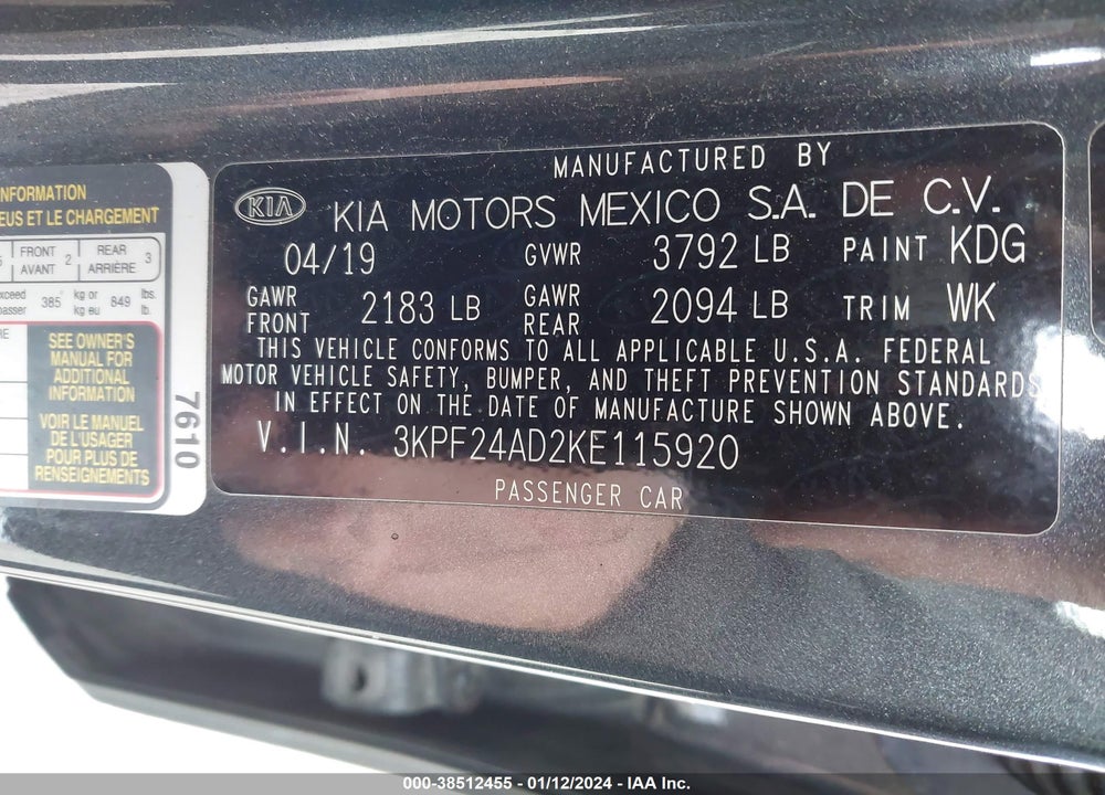 2019 KIA FORTE VIN: 3KPF24AD2KE115920