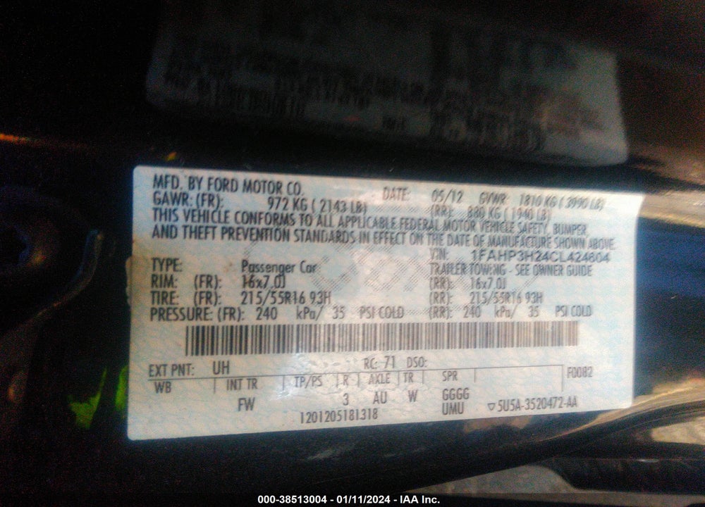 2012 FORD FOCUS SEL VIN: 1FAHP3H24CL424604