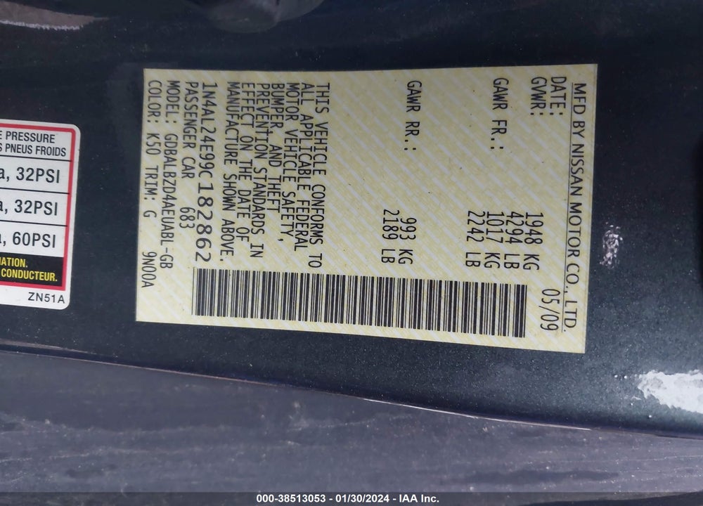 2009 NISSAN ALTIMA VIN: 1N4AL24E99C182862