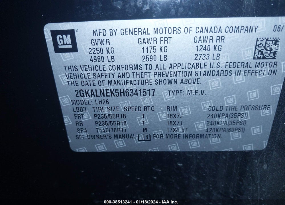 2017 GMC TERRAIN SLE-2 VIN: 2GKALNEK5H6341517