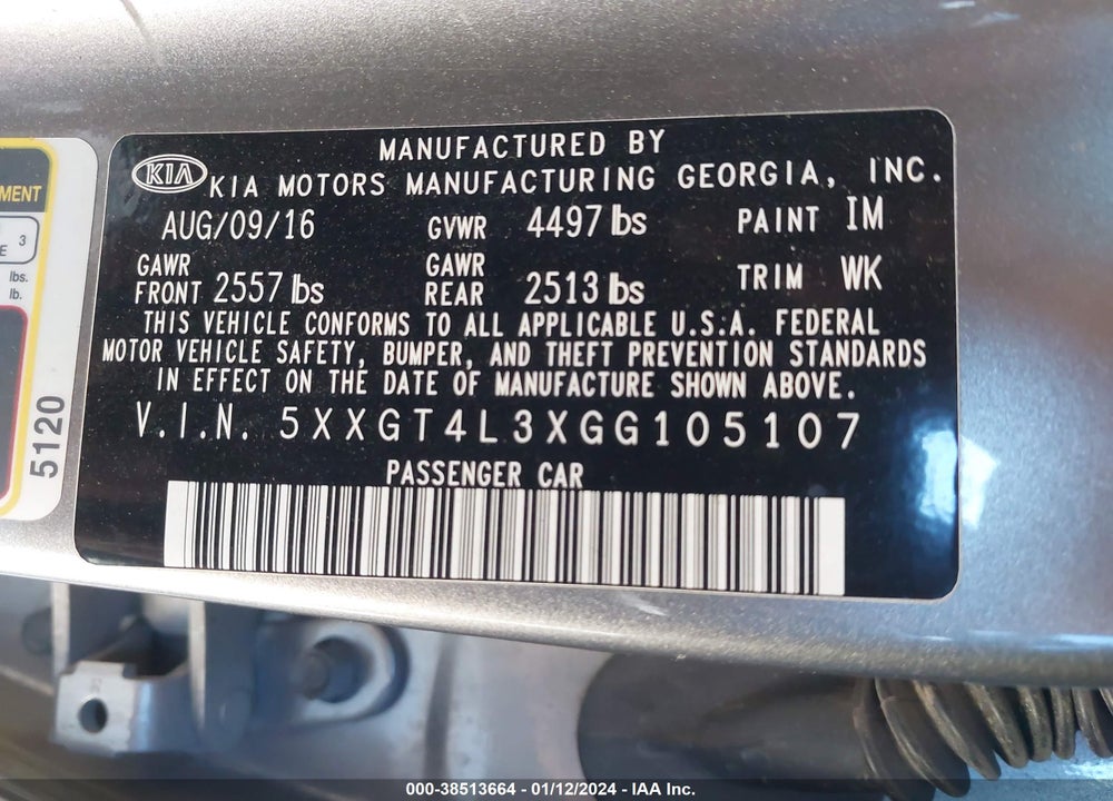 2016 KIA OPTIMA LX VIN: 5XXGT4L3XGG105107