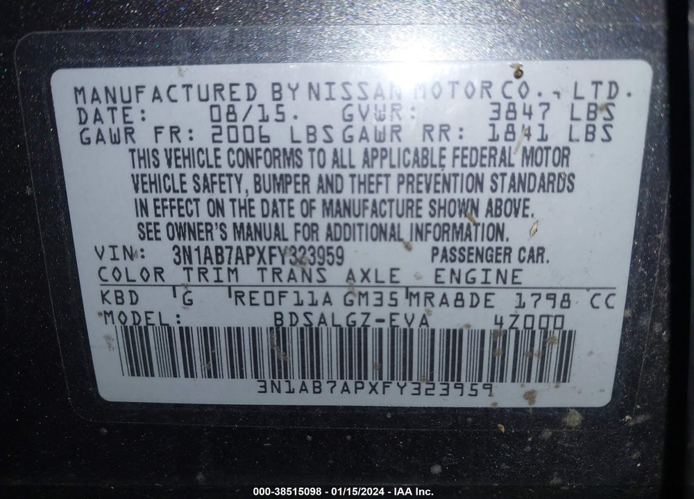 2015 NISSAN SENTRA SL VIN: 3N1AB7APXFY323959