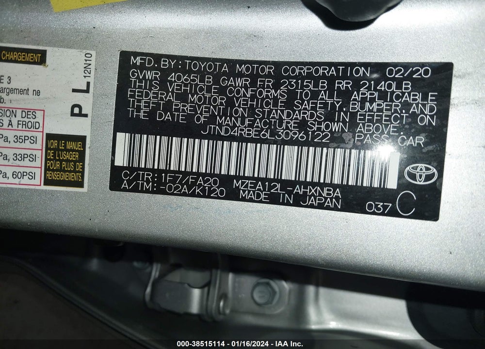 2020 TOYOTA COROLLA SE VIN: JTND4RBE6L3096122