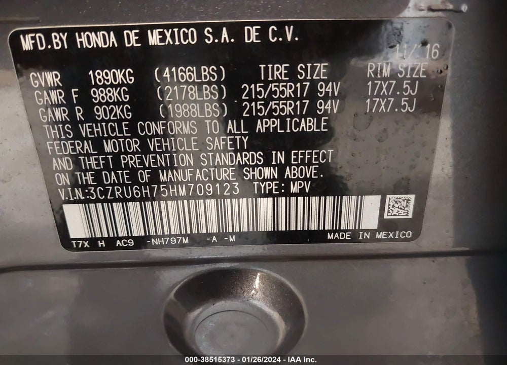2017 HONDA HR-V EX-L VIN: 3CZRU6H75HM709123
