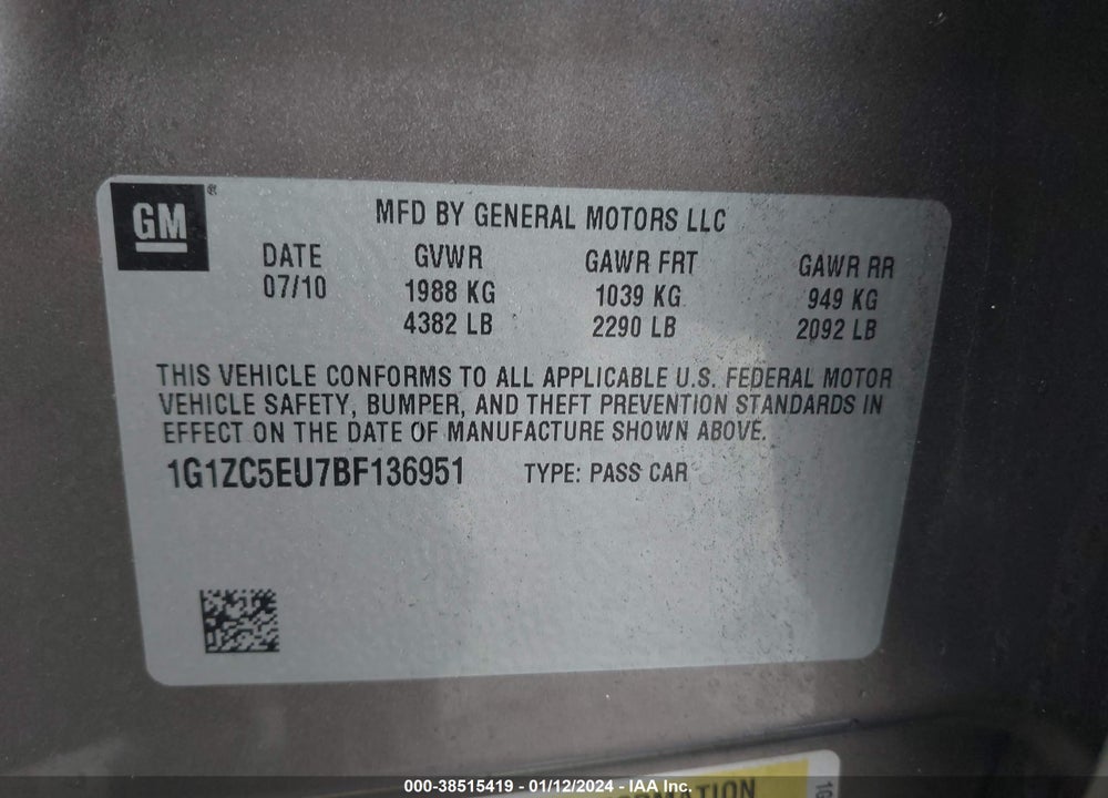 2011 CHEVROLET MALIBU 1LT VIN: 1G1ZC5EU7BF136951
