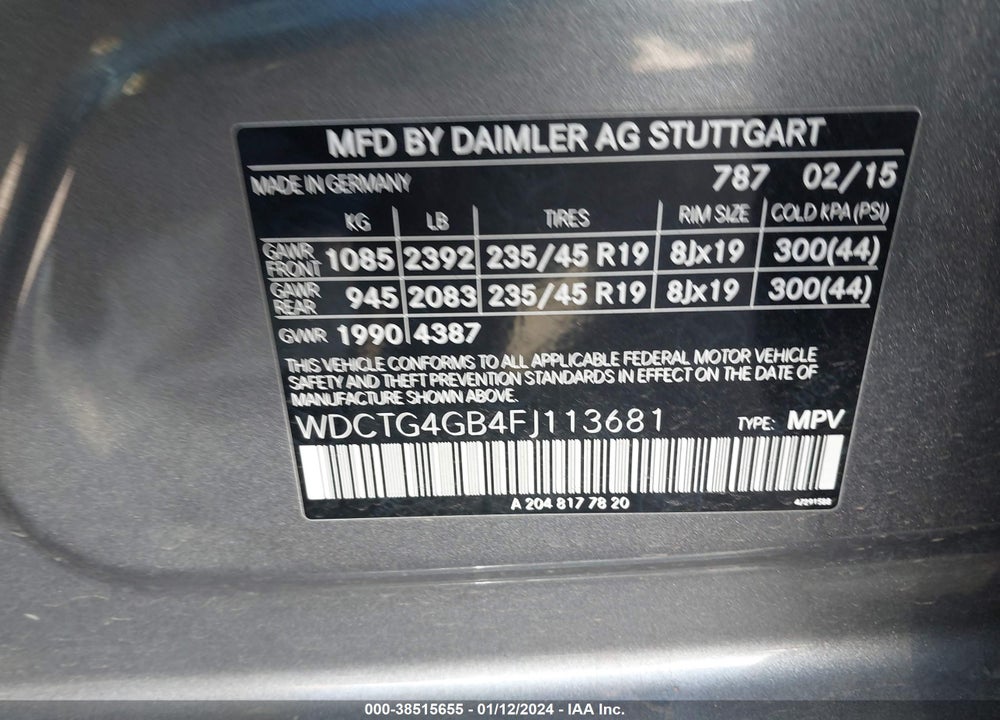 2015 MERCEDES-BENZ GLA 250 4MATIC VIN: WDCTG4GB4FJ113681