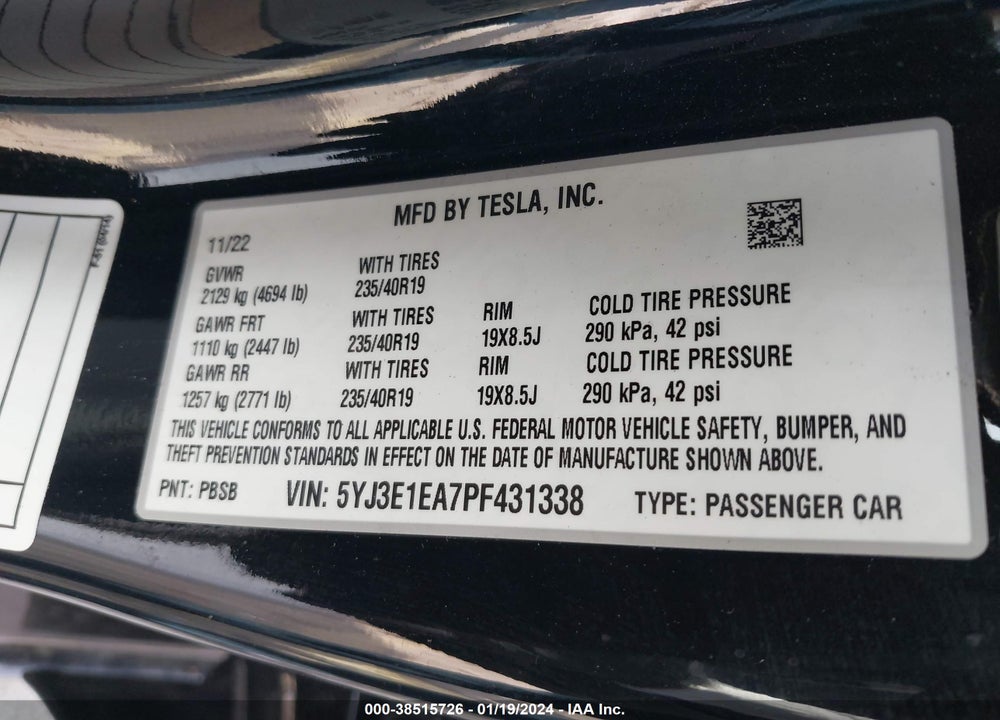 2023 TESLA MODEL 3 REAR-WHEEL DRIVE VIN: 5YJ3E1EA7PF431338