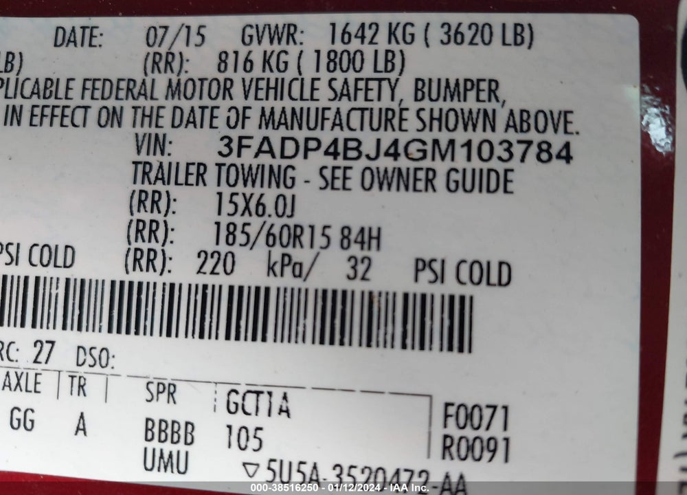 2016 FORD FIESTA SE VIN: 3FADP4BJ4GM103784