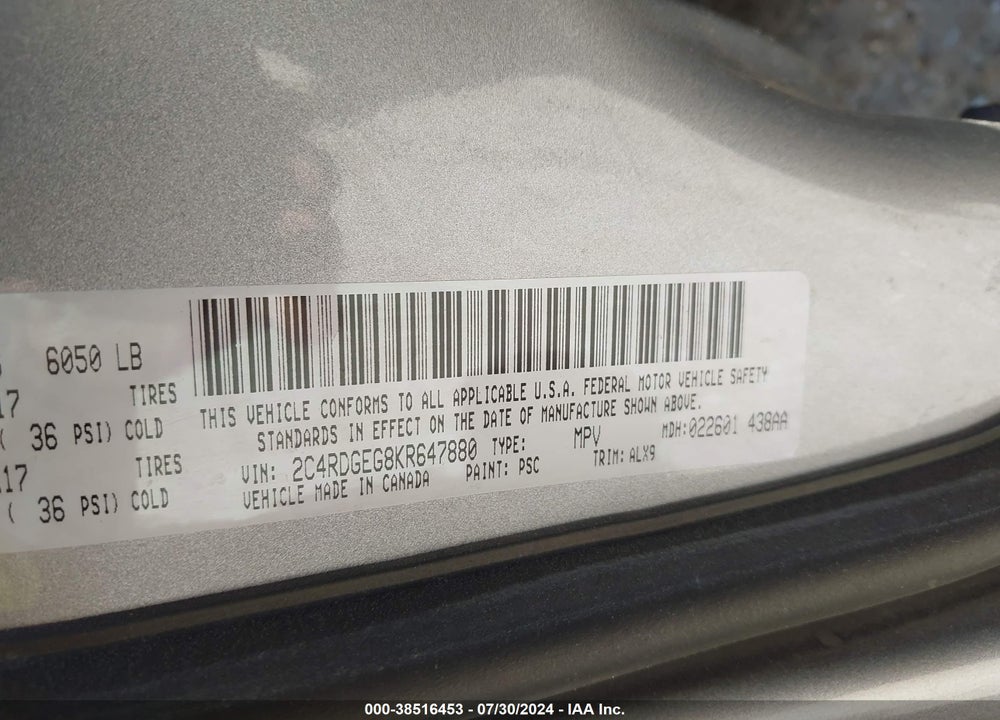 2019 DODGE GRAND CARAVAN GT VIN: 2C4RDGEG8KR647880