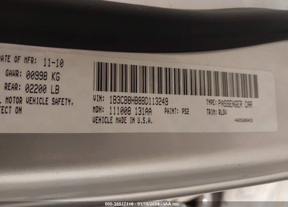 2011 DODGE CALIBER RUSH VIN: 1B3CB8HB8BD113249
