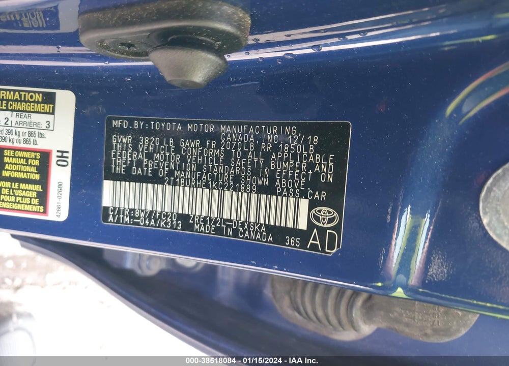 2019 TOYOTA COROLLA SE VIN: 2T1BURHE1KC221889