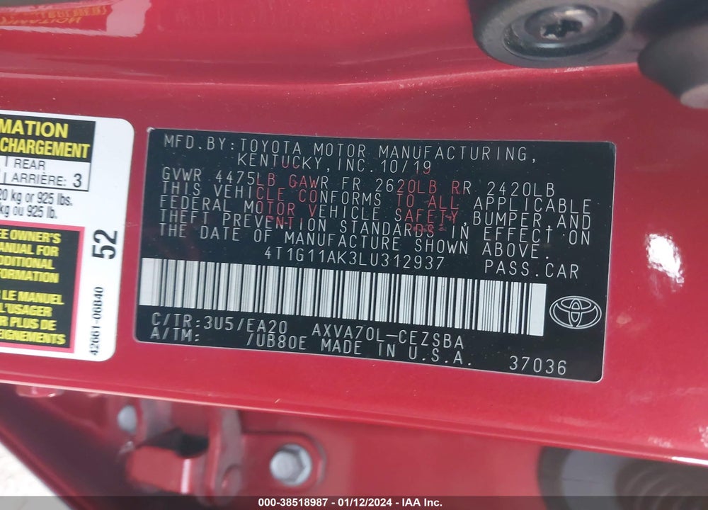 2020 TOYOTA CAMRY SE VIN: 4T1G11AK3LU312937