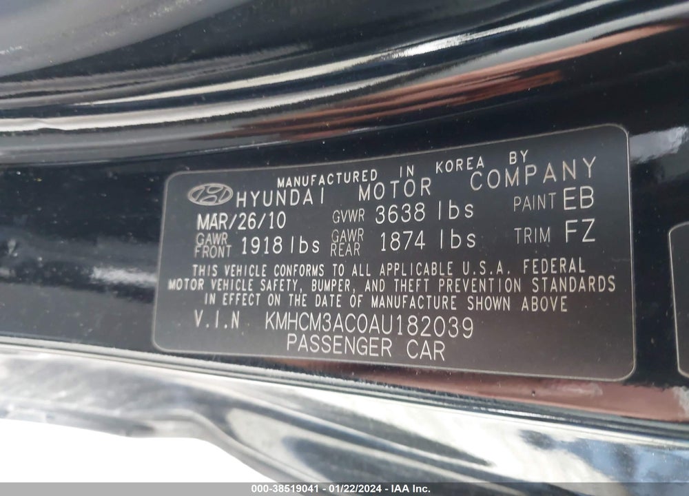 2010 HYUNDAI ACCENT GS VIN: KMHCM3AC0AU182039