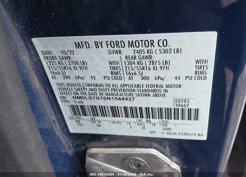 2022 FORD TRANSIT CONNECT XL VIN: NM0LS7S70N1544927