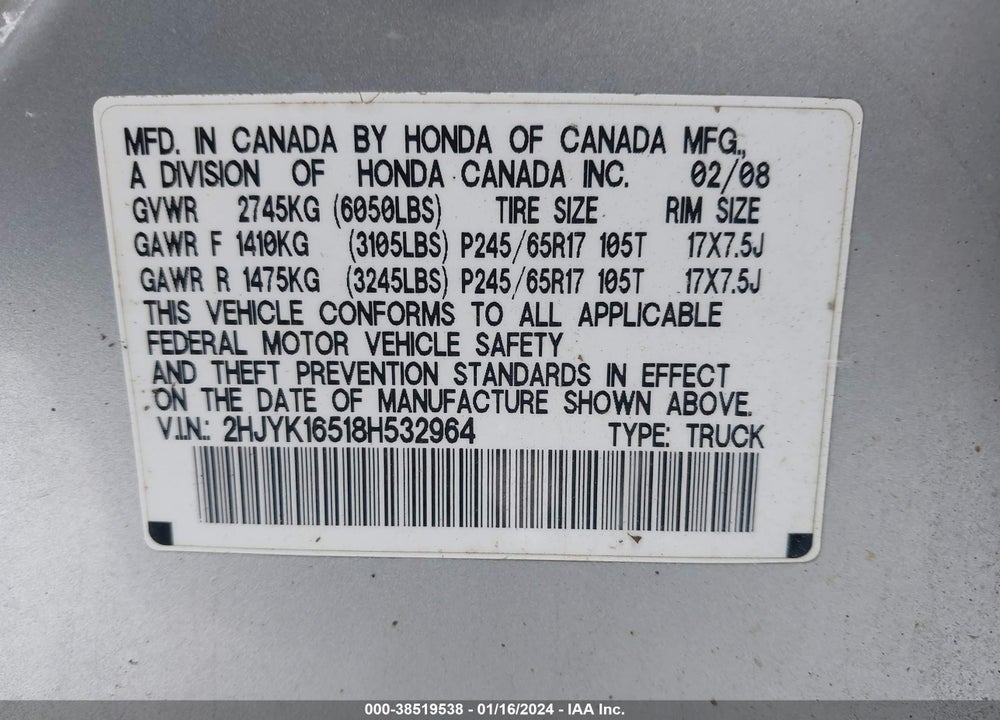 2008 HONDA RIDGELINE RTL VIN: 2HJYK16518H532964
