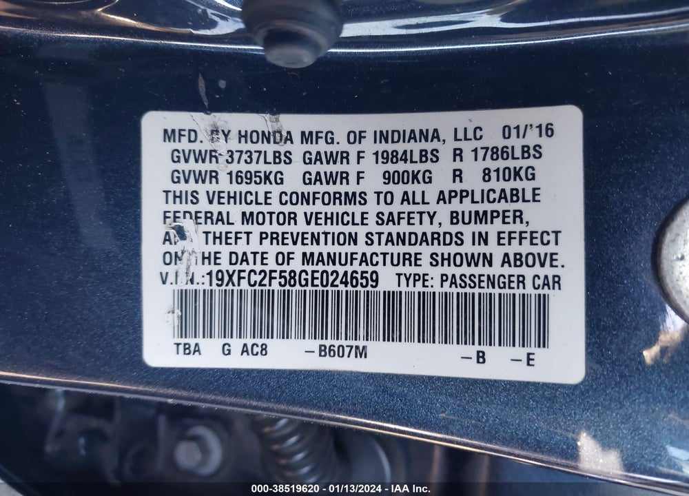 2016 HONDA CIVIC LX VIN: 19XFC2F58GE024659