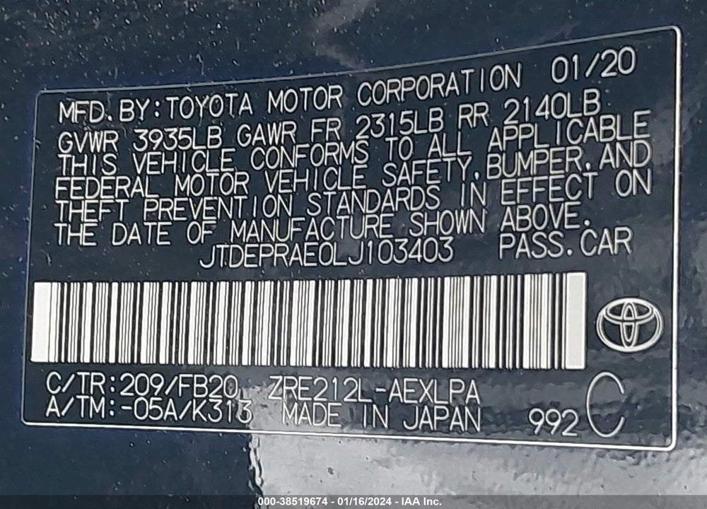 2020 TOYOTA COROLLA LE VIN: JTDEPRAE0LJ103403