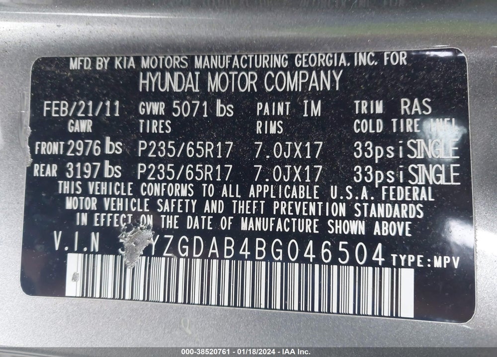 2011 HYUNDAI SANTA FE VIN: 5XYZGDAB4BG046504