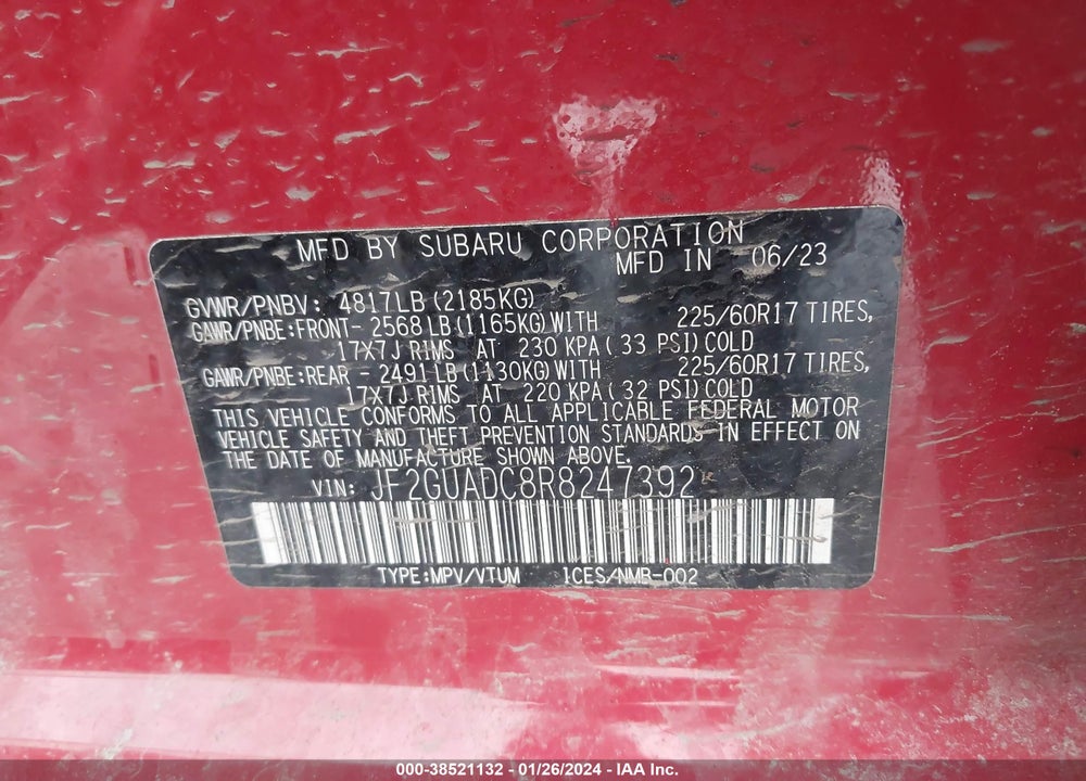 2024 SUBARU CROSSTREK PREMIUM VIN: JF2GUADC8R8247392