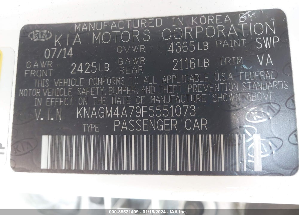 2015 KIA OPTIMA LX VIN: KNAGM4A79F5551073
