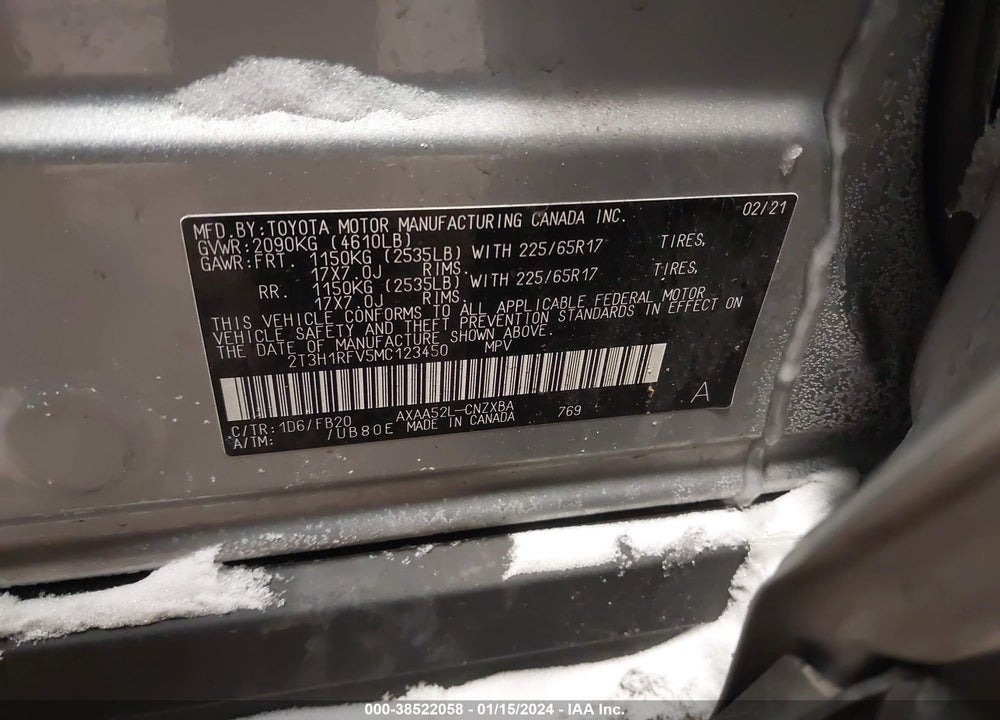 2021 TOYOTA RAV4 LE VIN: 2T3H1RFV5MC123450