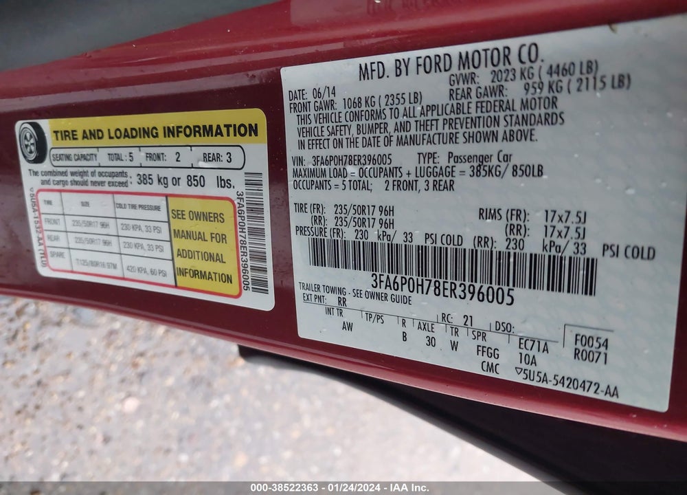 2014 FORD FUSION SE VIN: 3FA6P0H78ER396005