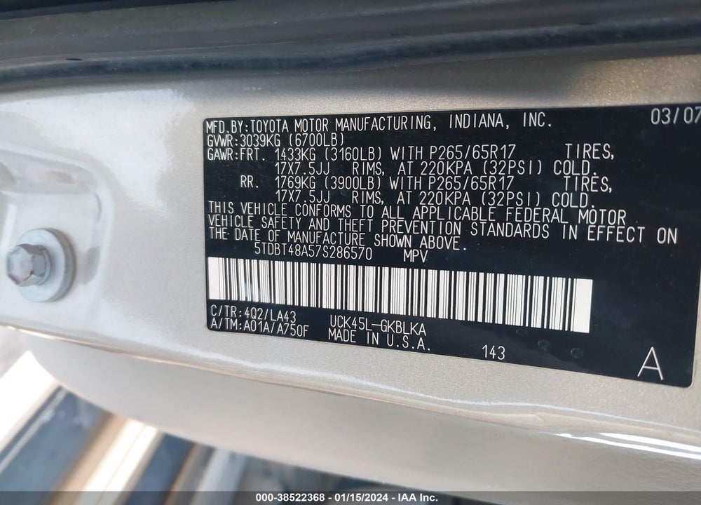 2007 TOYOTA SEQUOIA LIMITED V8 VIN: 5TDBT48A57S286570