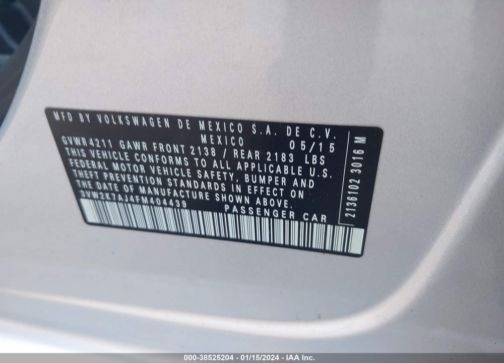 2015 VOLKSWAGEN JETTA 2.0L S VIN: 3VW2K7AJ4FM404439