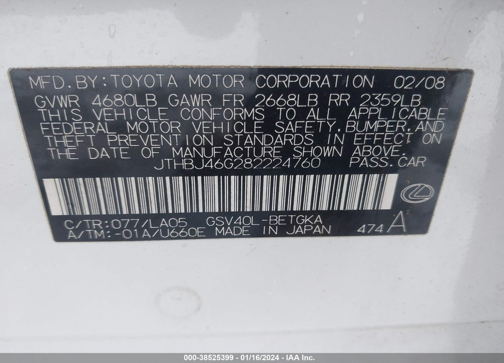 2008 LEXUS ES 350 BASE (A6) VIN: JTHBJ46G282224760