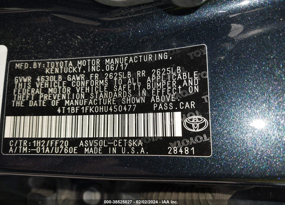 2017 TOYOTA CAMRY SE VIN: 4T1BF1FK0HU450477