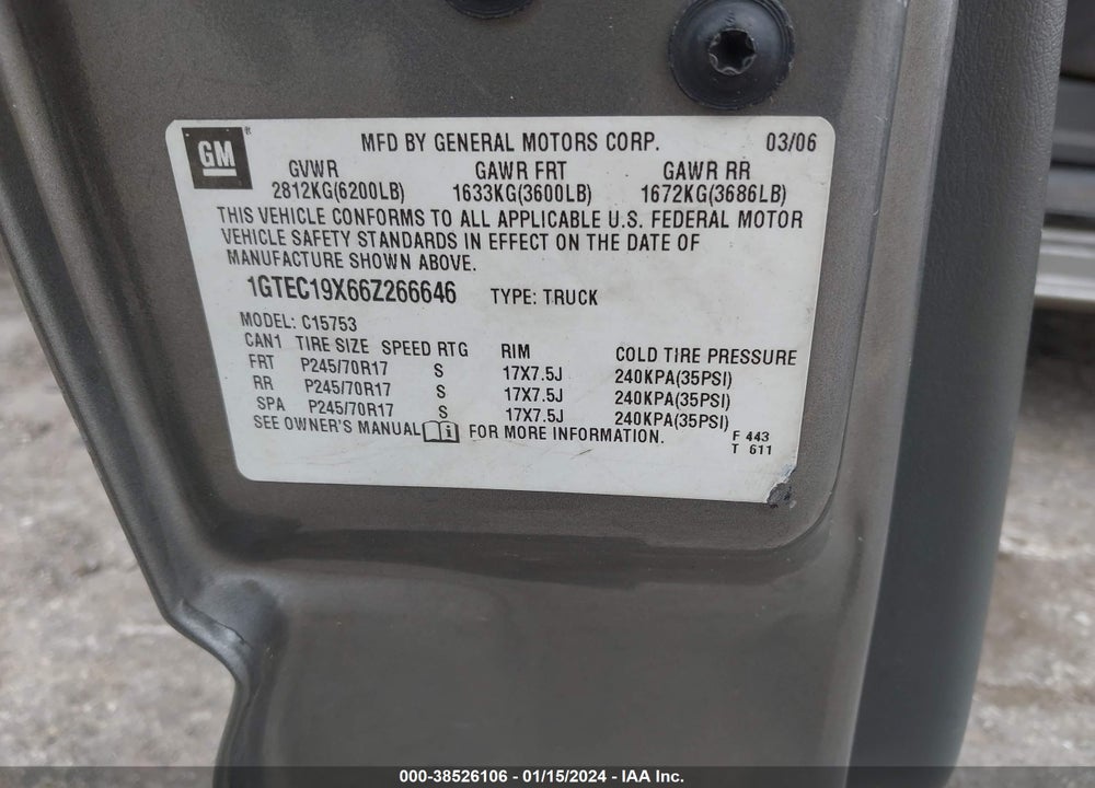 2006 GMC SIERRA 1500 WORK TRUCK VIN: 1GTEC19X66Z266646
