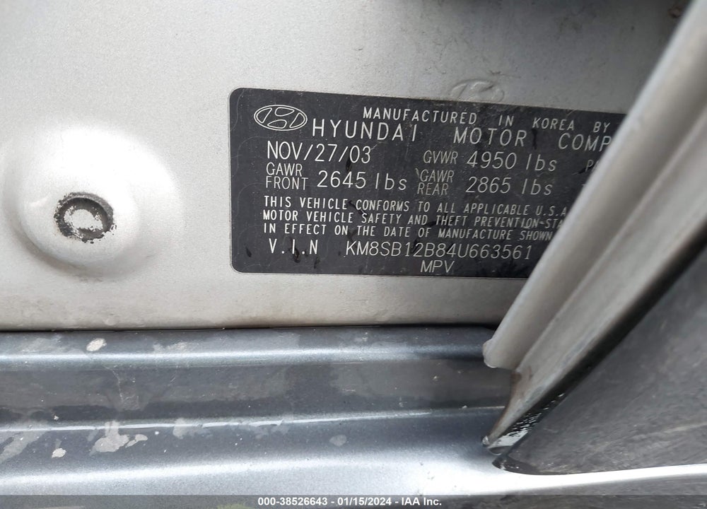 2004 HYUNDAI SANTA FE VIN: KM8SB12B84U663561