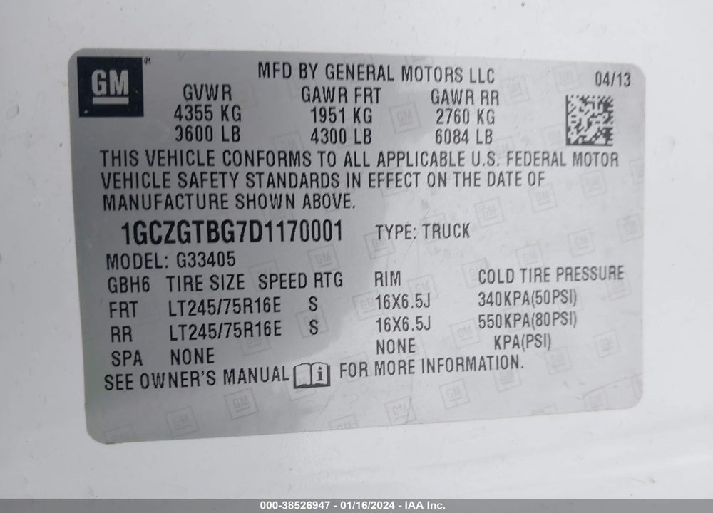 2013 CHEVROLET EXPRESS 3500 WORK VAN VIN: 1GCZGTBG7D1170001