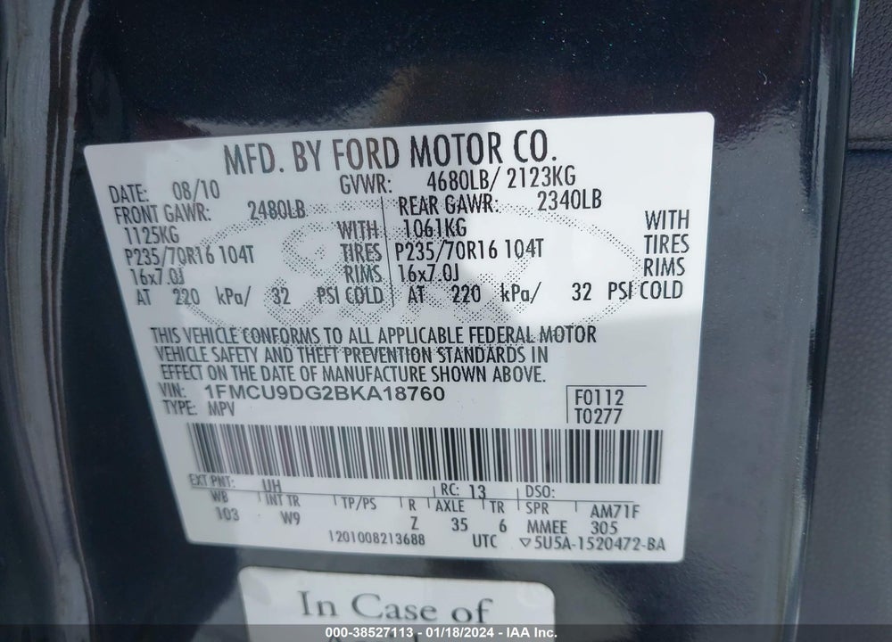2011 FORD ESCAPE XLT VIN: 1FMCU9DG2BKA18760
