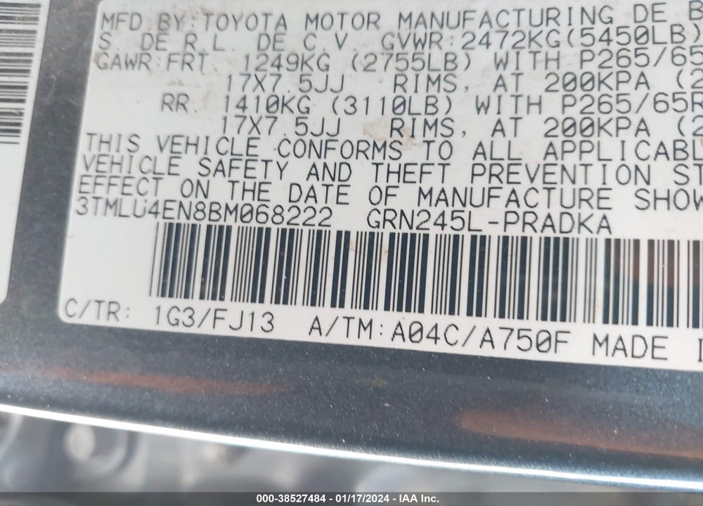 2011 TOYOTA TACOMA BASE V6 VIN: 3TMLU4EN8BM068222