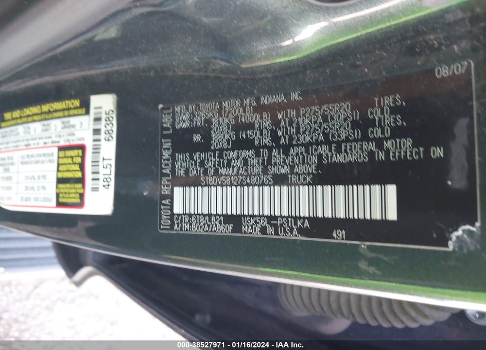 2007 TOYOTA TUNDRA LIMITED 5.7L V8 VIN: 5TBDV58127S480765