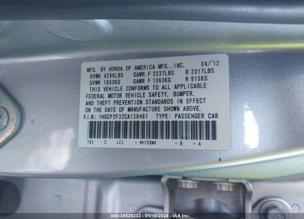 2012 HONDA ACCORD 2.4 LX VIN: 1HGCP2F32CA138497