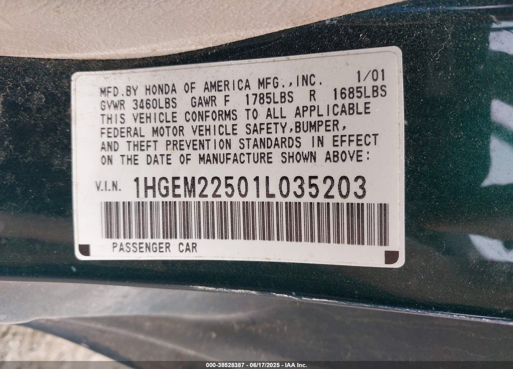 2001 HONDA CIVIC LX VIN: 1HGEM22501L035203