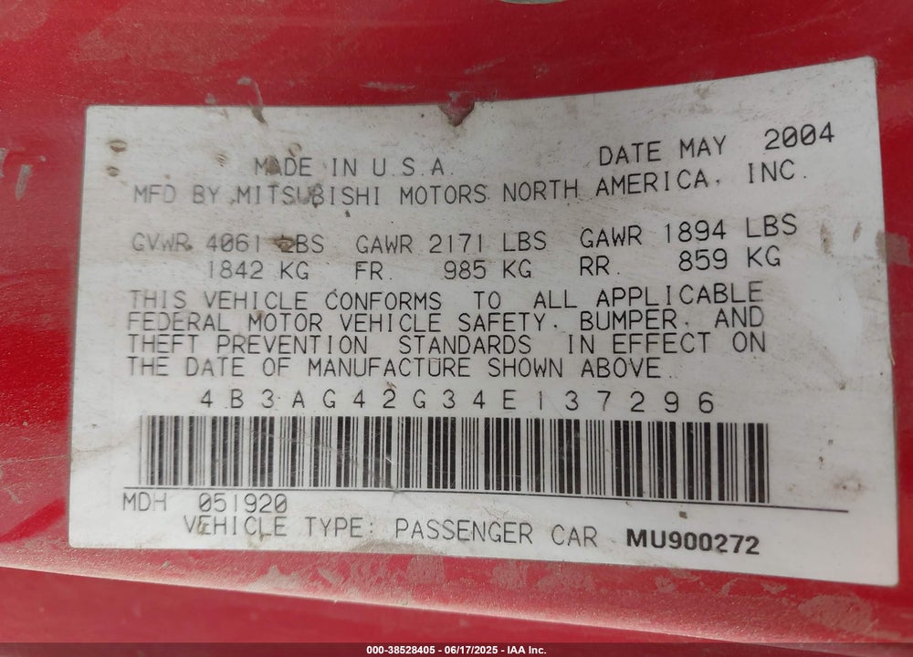 2004 DODGE STRATUS SXT VIN: 4B3AG42G34E137296